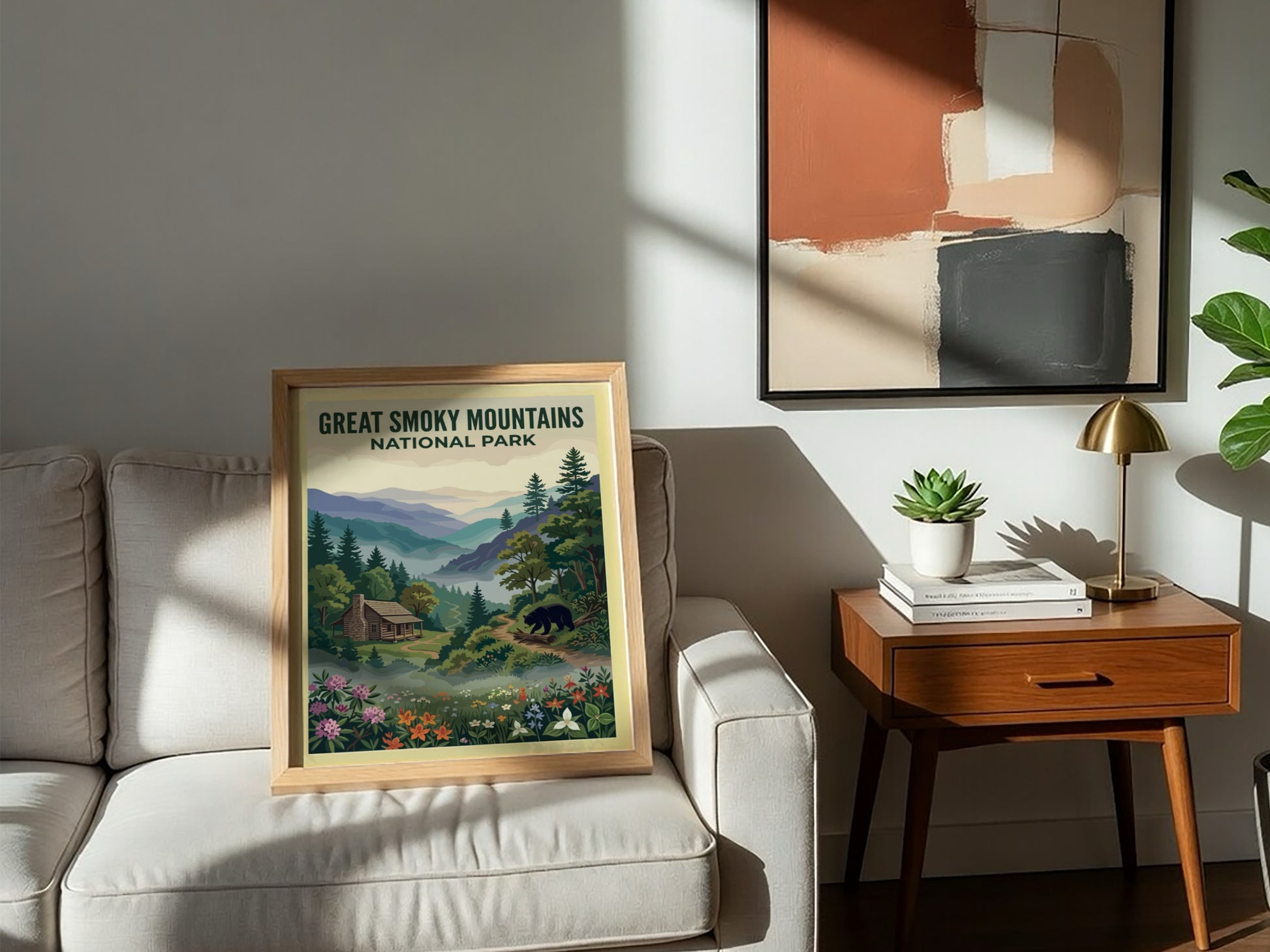Travel poster of Great Smoky Mountains National Park with a cabin and bear.