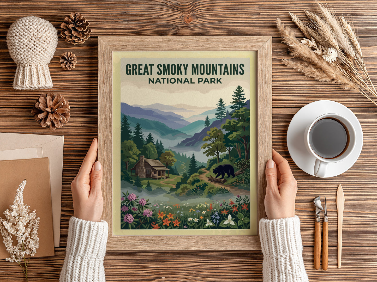 Travel poster of Great Smoky Mountains National Park with a cabin and bear.