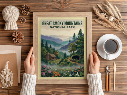 Travel poster of Great Smoky Mountains National Park with a cabin and bear.