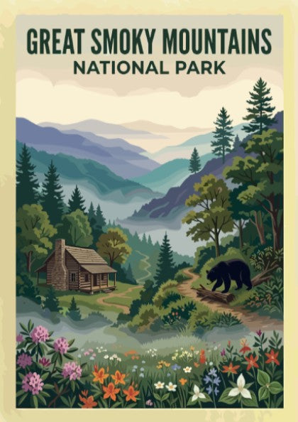 Travel poster of Great Smoky Mountains National Park with a cabin and bear.