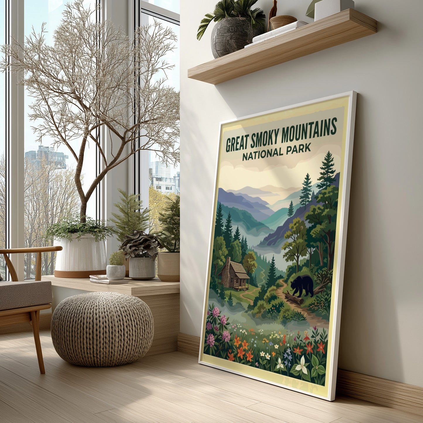Travel poster of Great Smoky Mountains National Park with a cabin and bear.