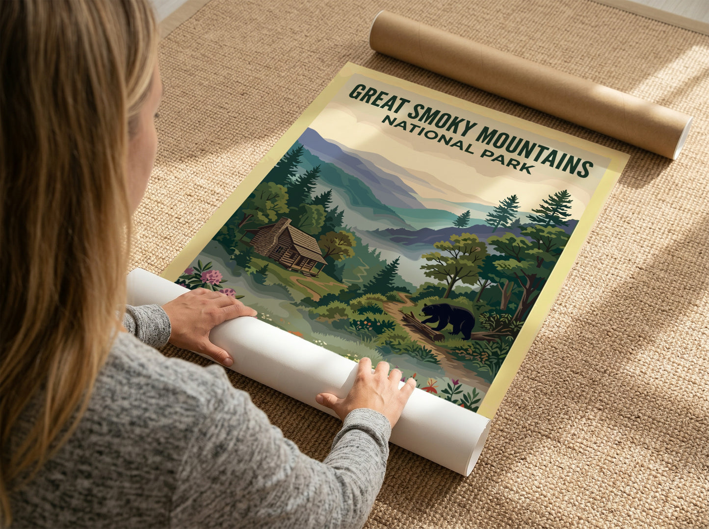 Travel poster of Great Smoky Mountains National Park with a cabin and bear.