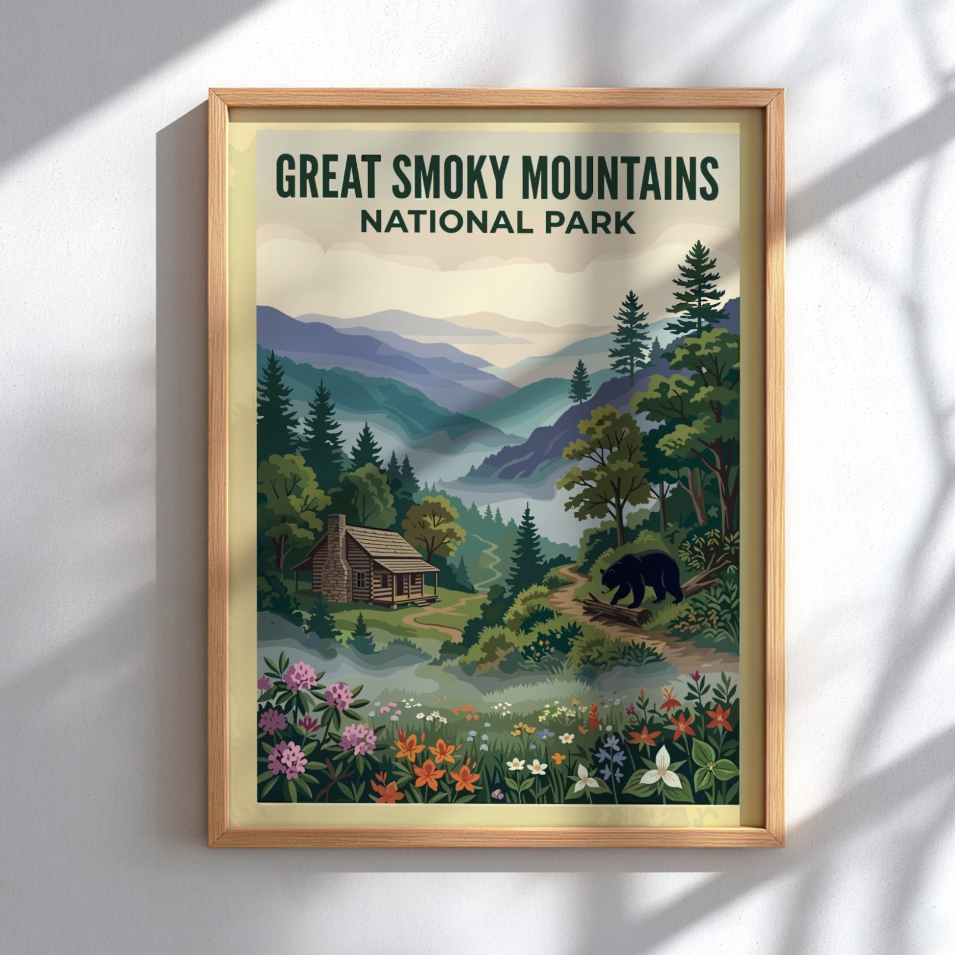 Travel poster of Great Smoky Mountains National Park with a cabin and bear.