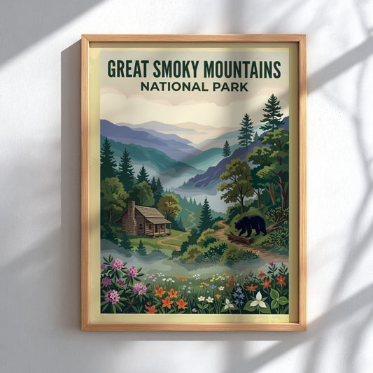 Travel poster of Great Smoky Mountains National Park with a cabin and bear.