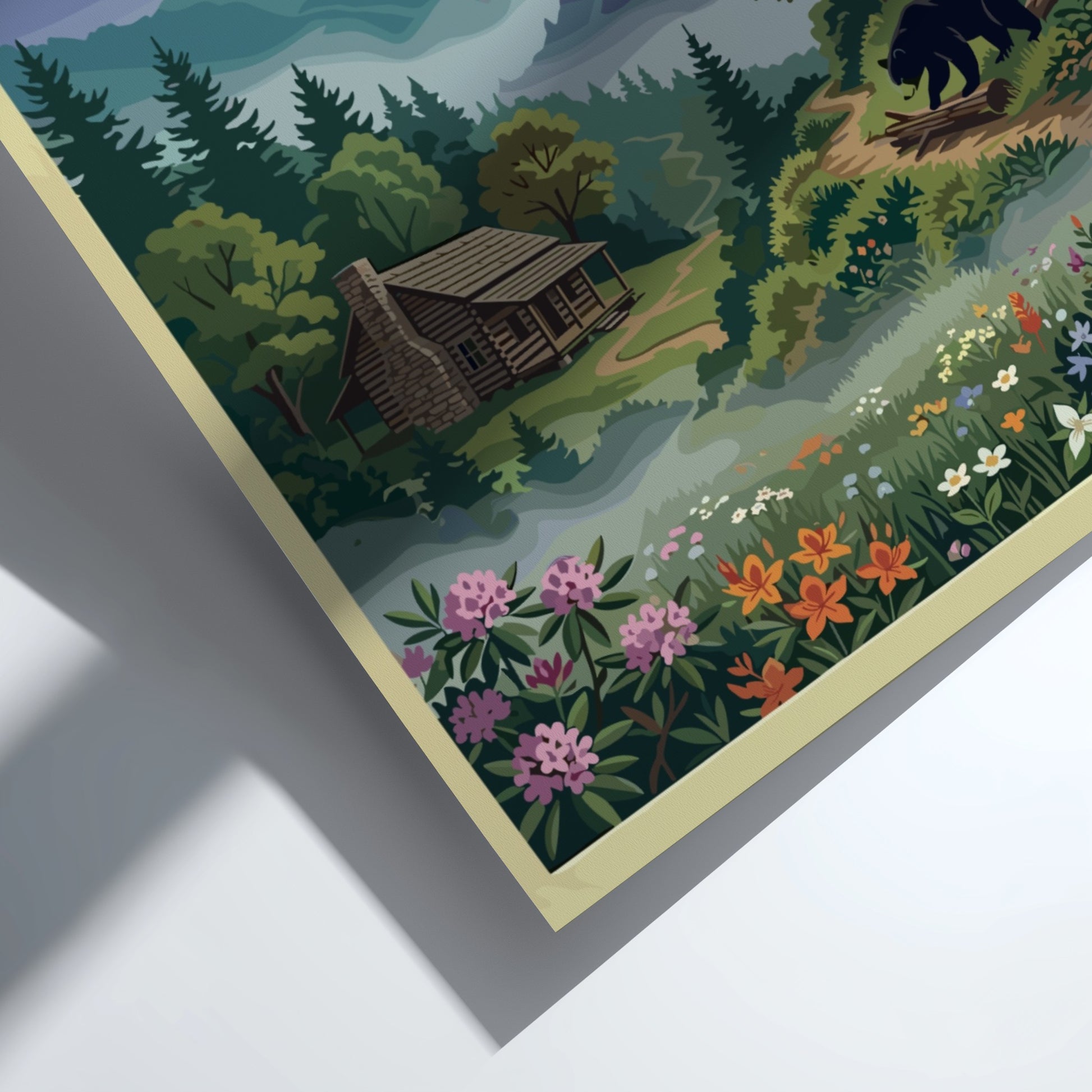 Travel poster of Great Smoky Mountains National Park with a cabin and bear.