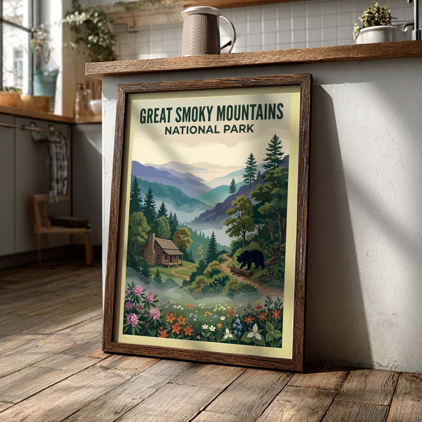Travel poster of Great Smoky Mountains National Park with a cabin and bear.
