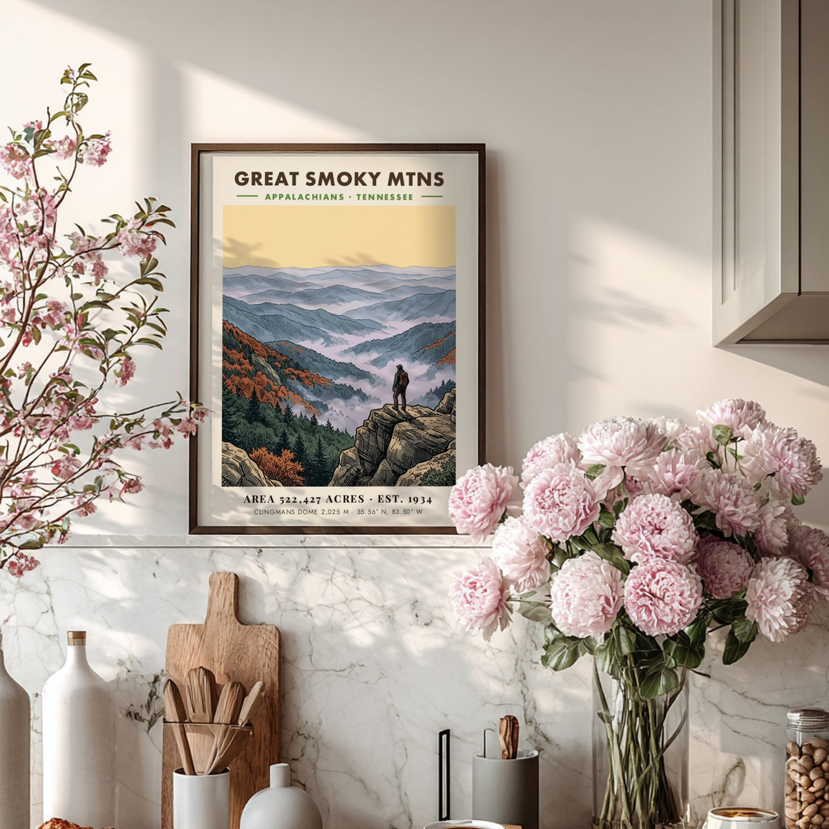 Poster of Great Smoky Mtns featuring a hiker overlooking misty Appalachian mountain ranges.