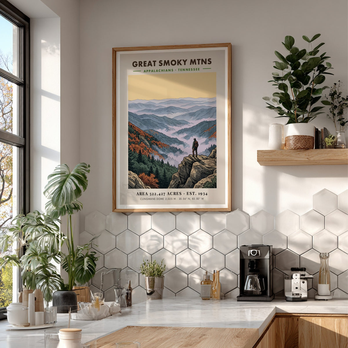 Poster of Great Smoky Mtns featuring a hiker overlooking misty Appalachian mountain ranges.