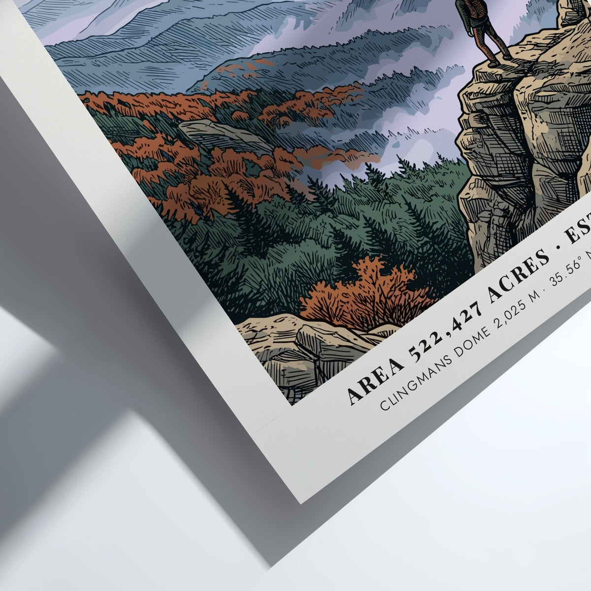 Poster of Great Smoky Mtns featuring a hiker overlooking misty Appalachian mountain ranges.