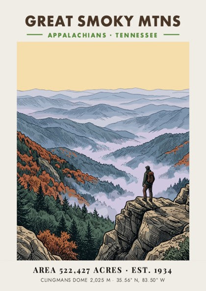 Poster of Great Smoky Mtns featuring a hiker overlooking misty Appalachian mountain ranges.