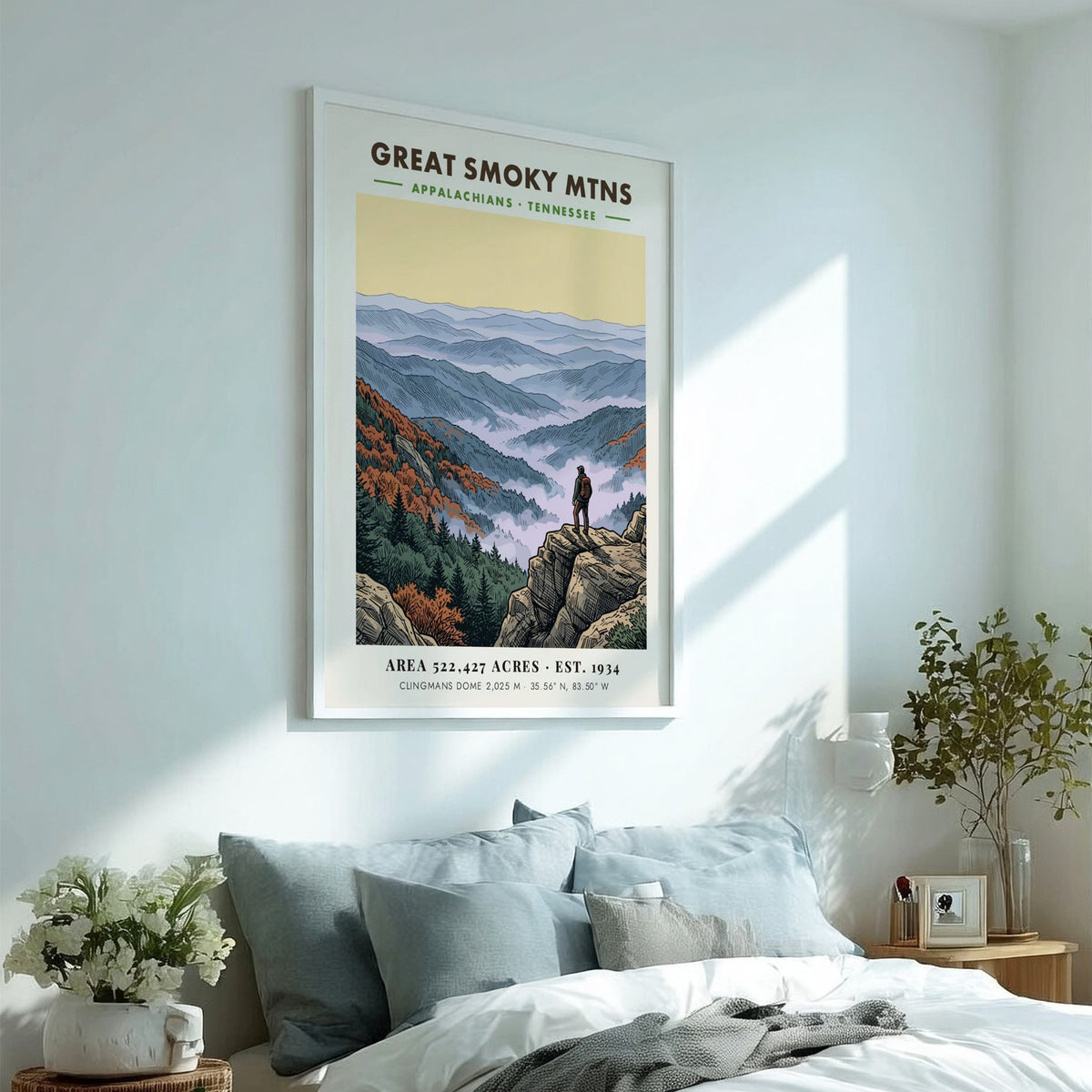 Poster of Great Smoky Mtns featuring a hiker overlooking misty Appalachian mountain ranges.