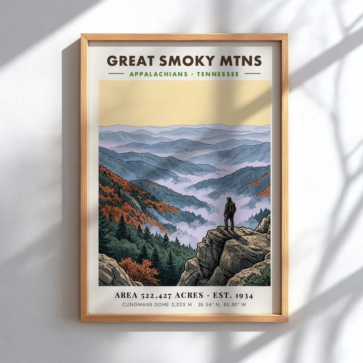 Poster of Great Smoky Mtns featuring a hiker overlooking misty Appalachian mountain ranges.