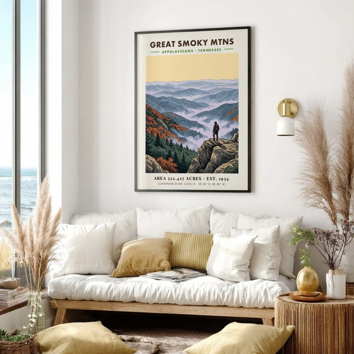 Poster of Great Smoky Mtns featuring a hiker overlooking misty Appalachian mountain ranges.