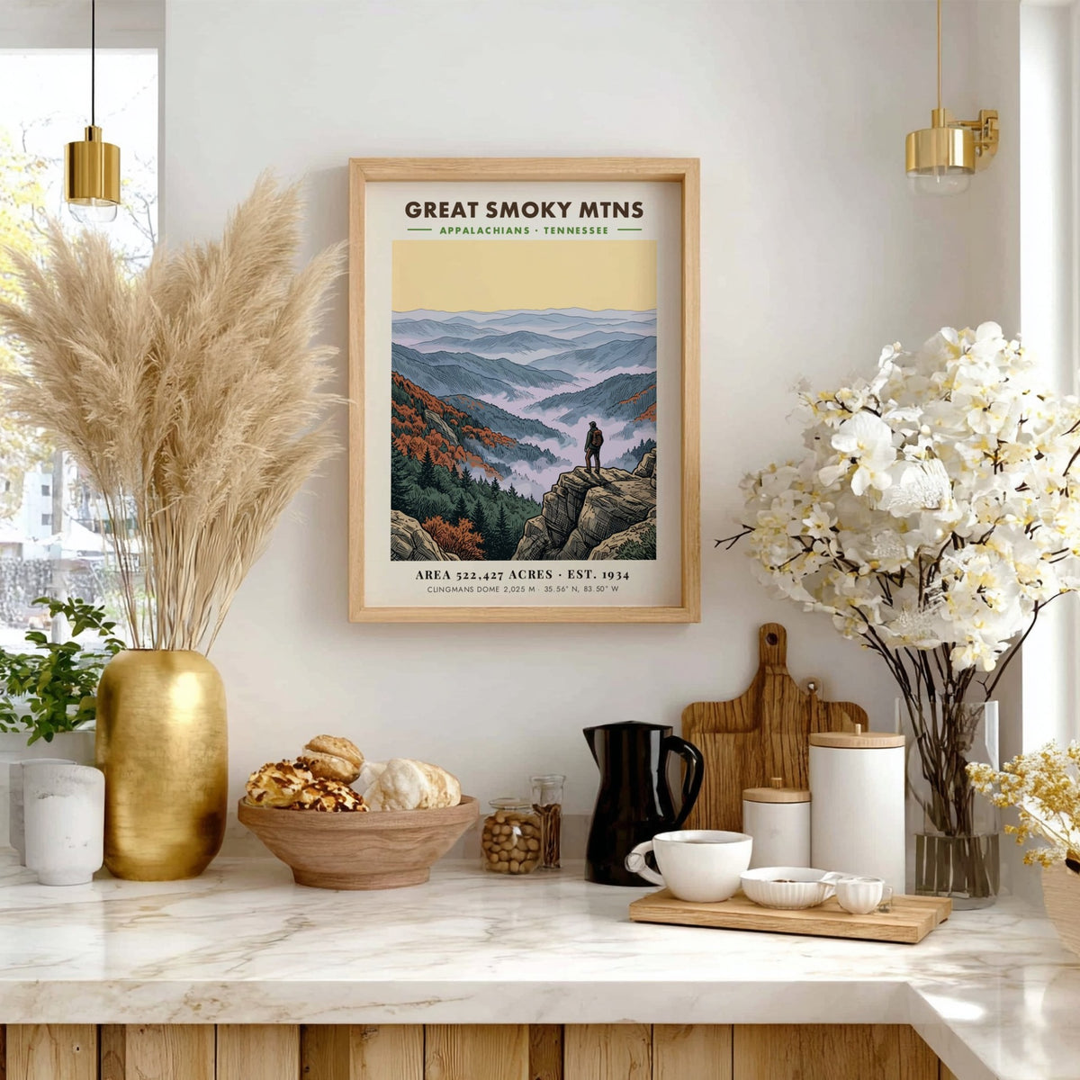 Poster of Great Smoky Mtns featuring a hiker overlooking misty Appalachian mountain ranges.