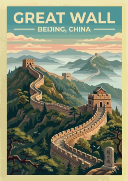 Great Wall travel poster featuring vintage landscape art with warm tones and lush mountains