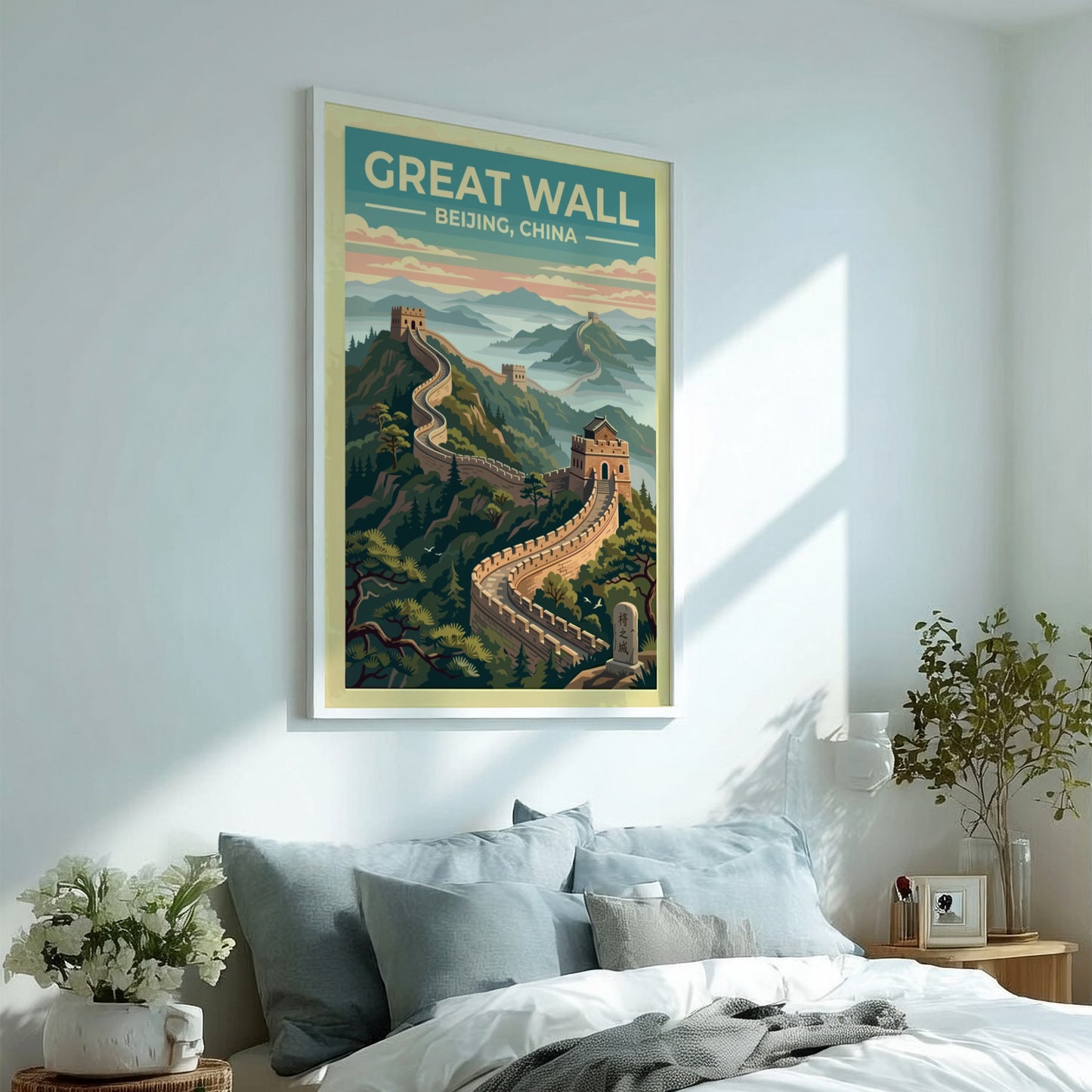 Great Wall travel poster featuring vintage landscape art with warm tones and lush mountains