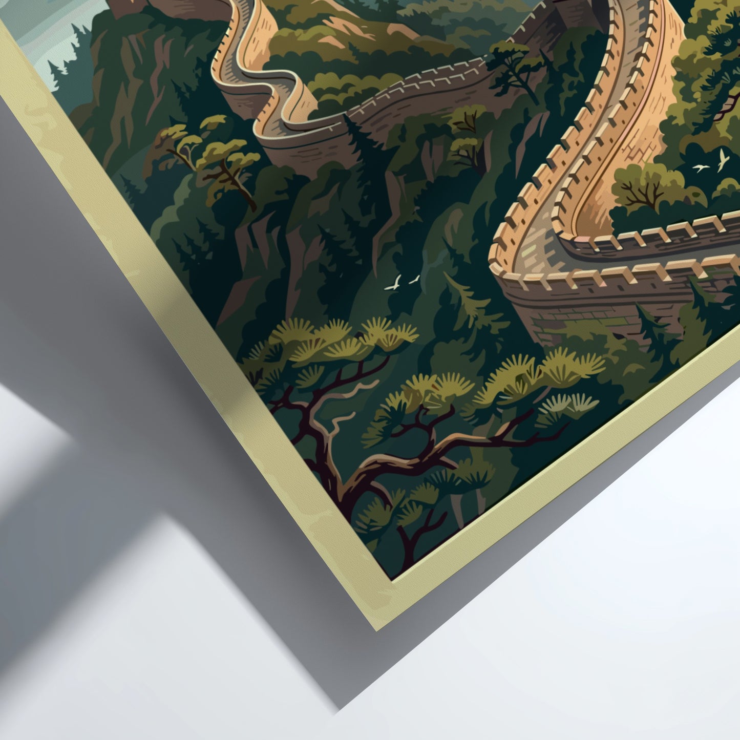 Great Wall travel poster featuring vintage landscape art with warm tones and lush mountains