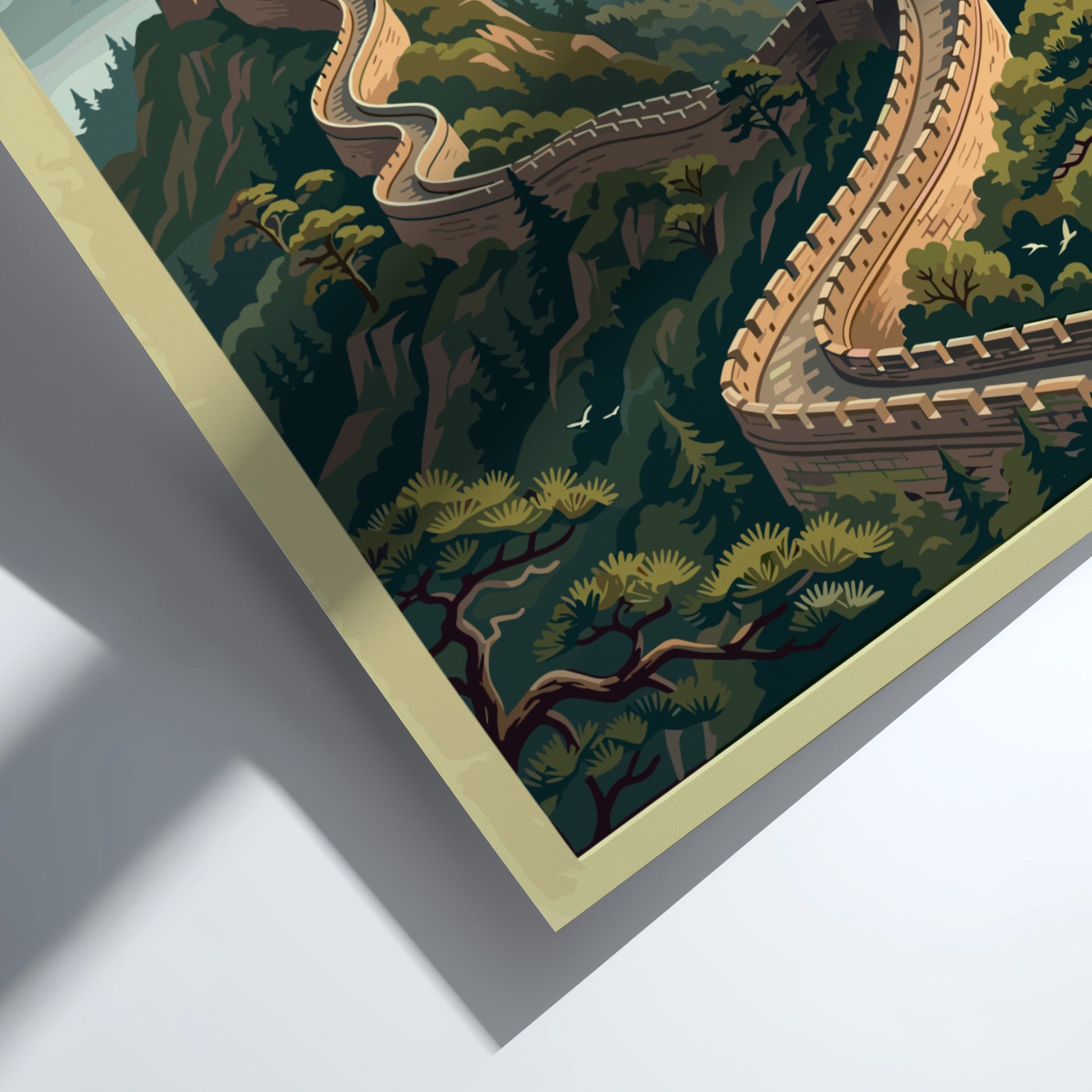 Great Wall travel poster featuring vintage landscape art with warm tones and lush mountains