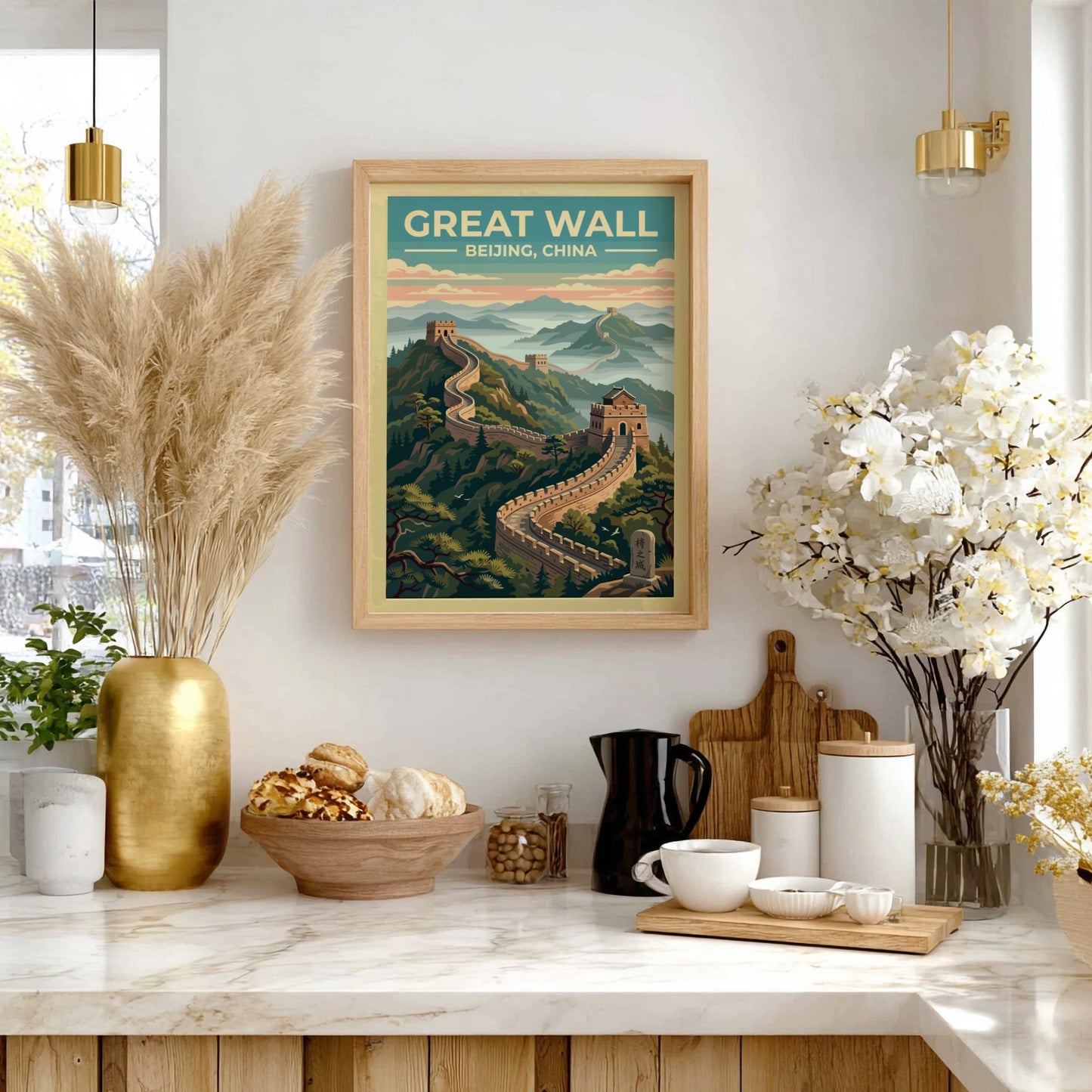 Great Wall travel poster featuring vintage landscape art with warm tones and lush mountains