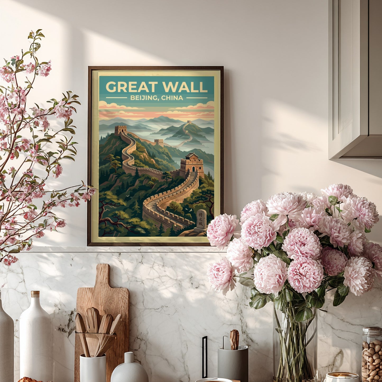 Great Wall travel poster featuring vintage landscape art with warm tones and lush mountains