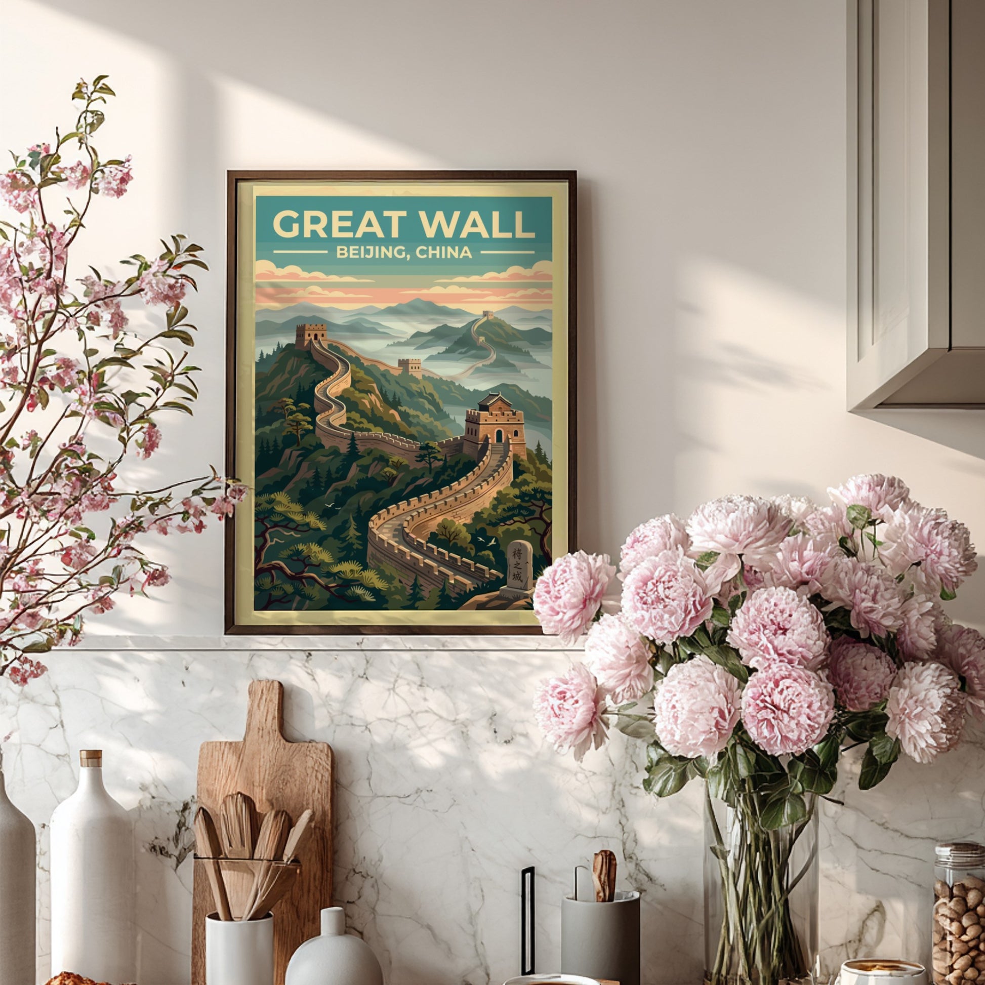 Great Wall travel poster featuring vintage landscape art with warm tones and lush mountains