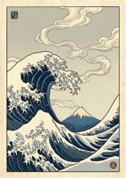 Great Wave poster featuring dynamic waves and Mount Fuji in Japanese art style