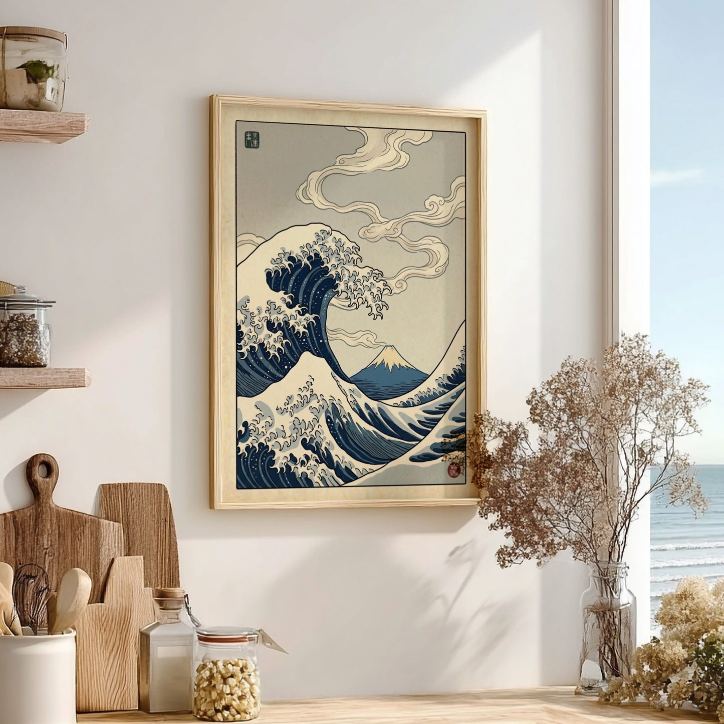 Great Wave poster featuring dynamic waves and Mount Fuji in Japanese art style