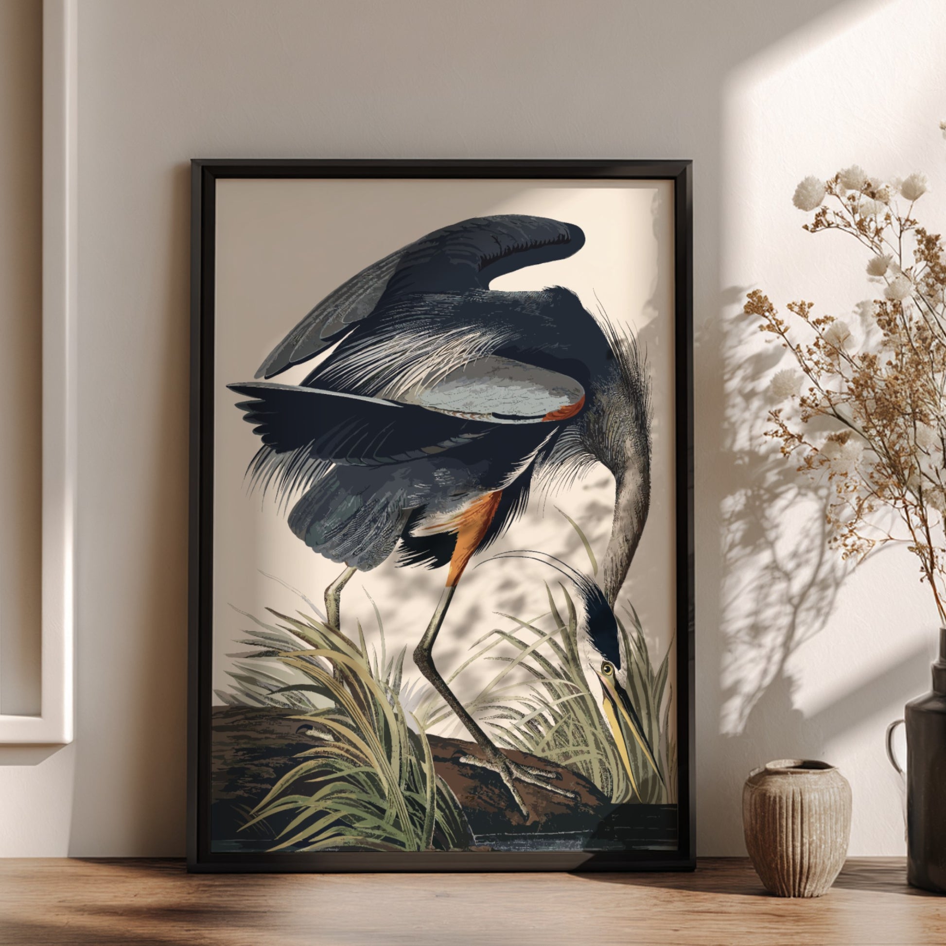 Great Blue Heron poster featuring detailed bird illustration in natural colors, perfect for nature art lovers.