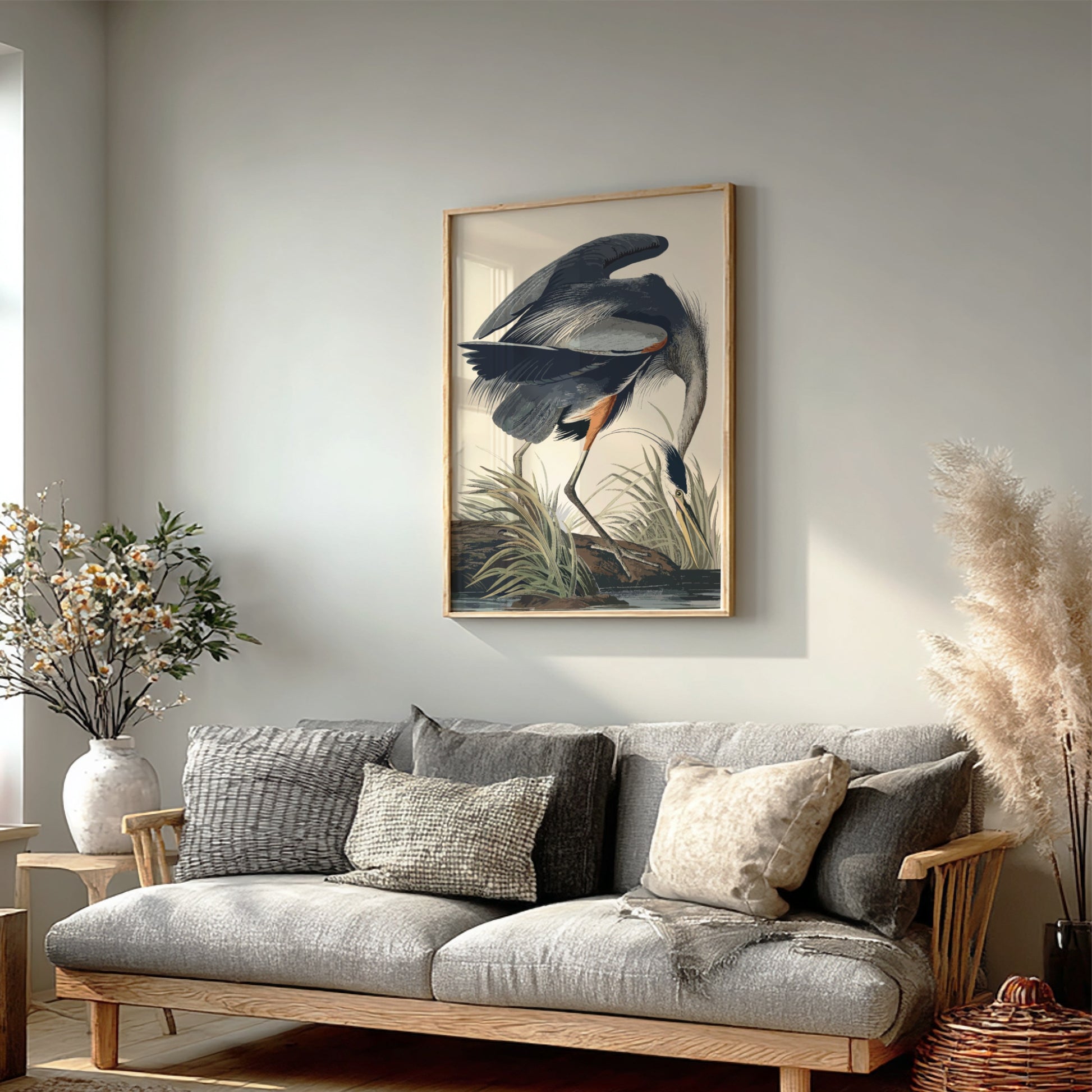 Great Blue Heron poster featuring detailed bird illustration in natural colors, perfect for nature art lovers.