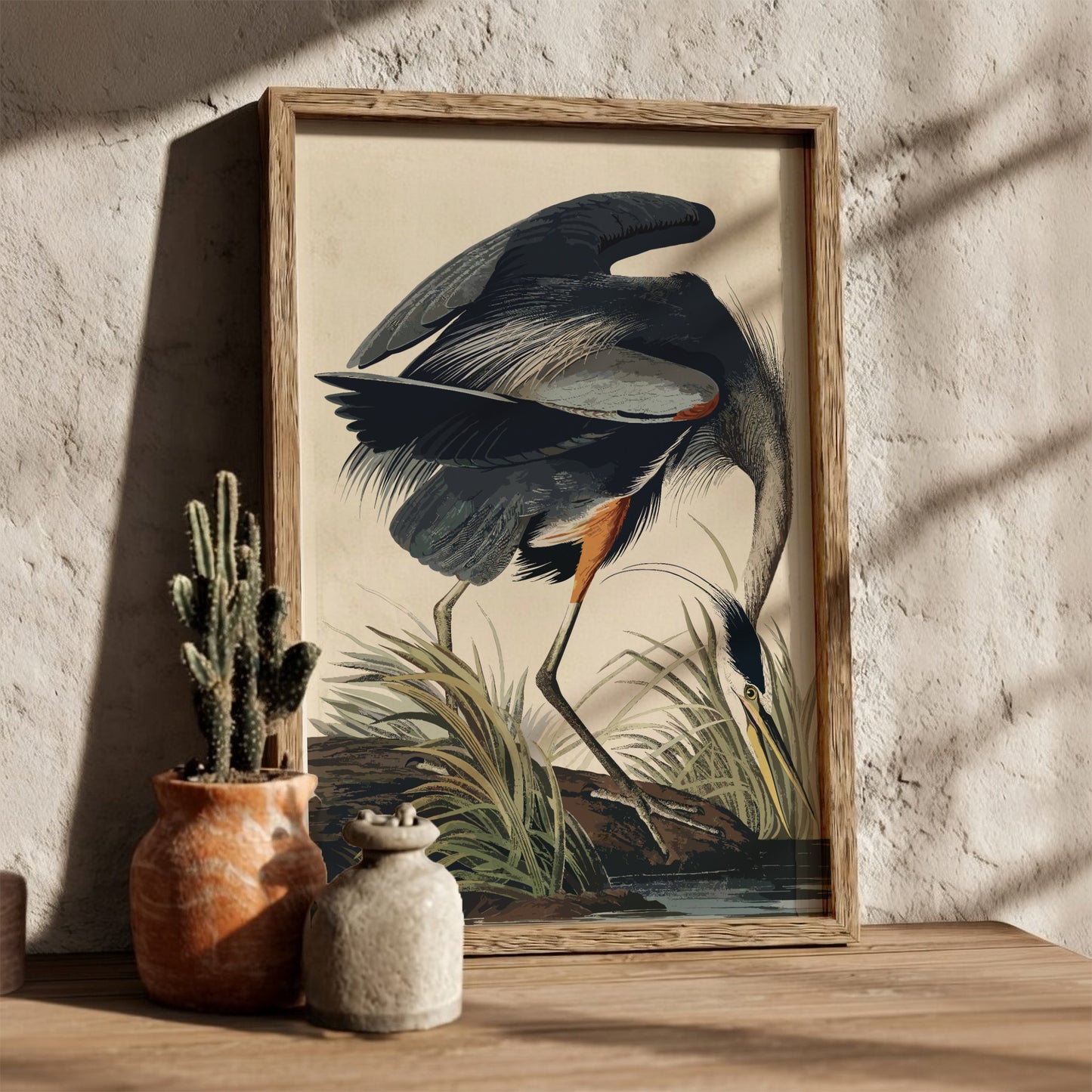 Great Blue Heron poster featuring detailed bird illustration in natural colors, perfect for nature art lovers.