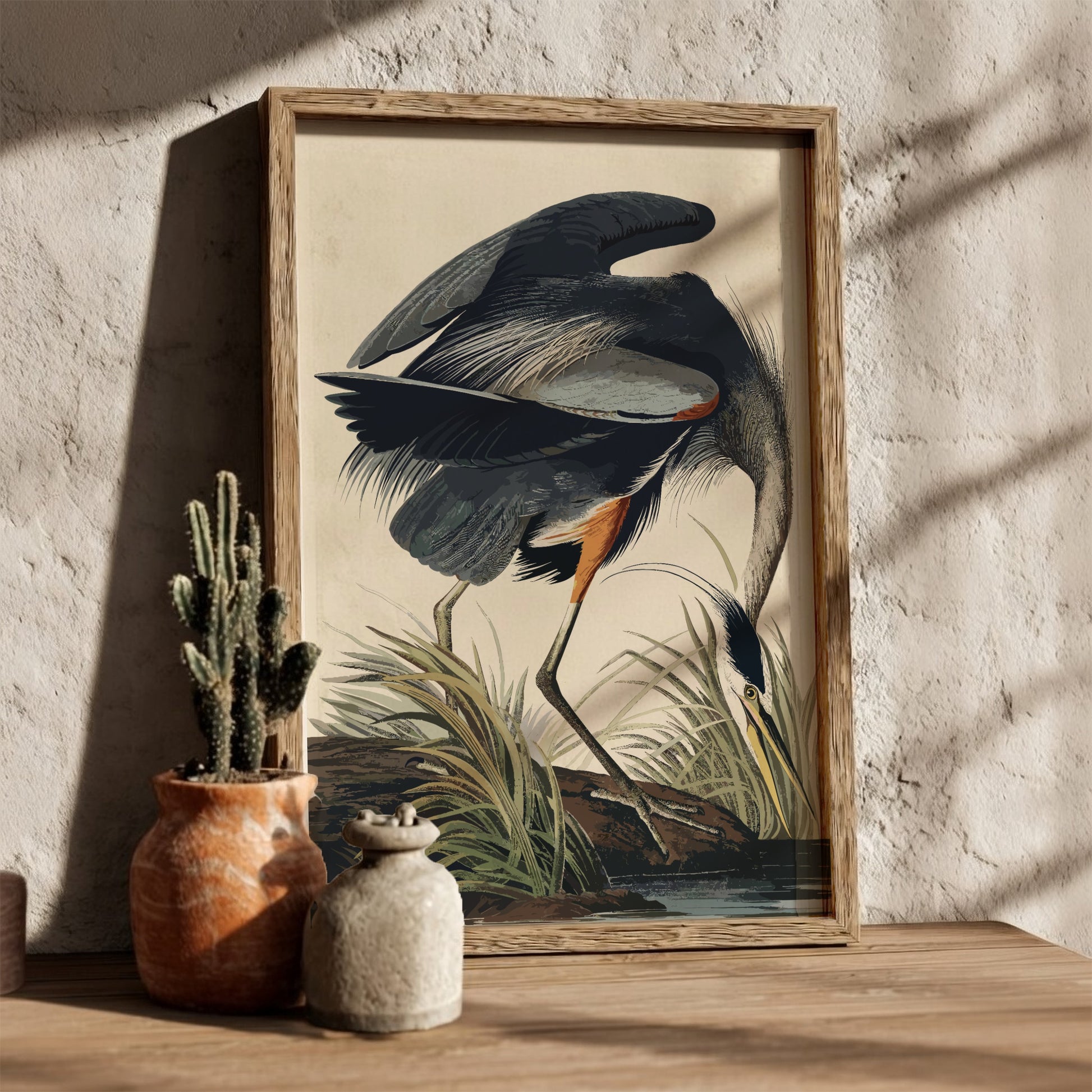 Great Blue Heron poster featuring detailed bird illustration in natural colors, perfect for nature art lovers.