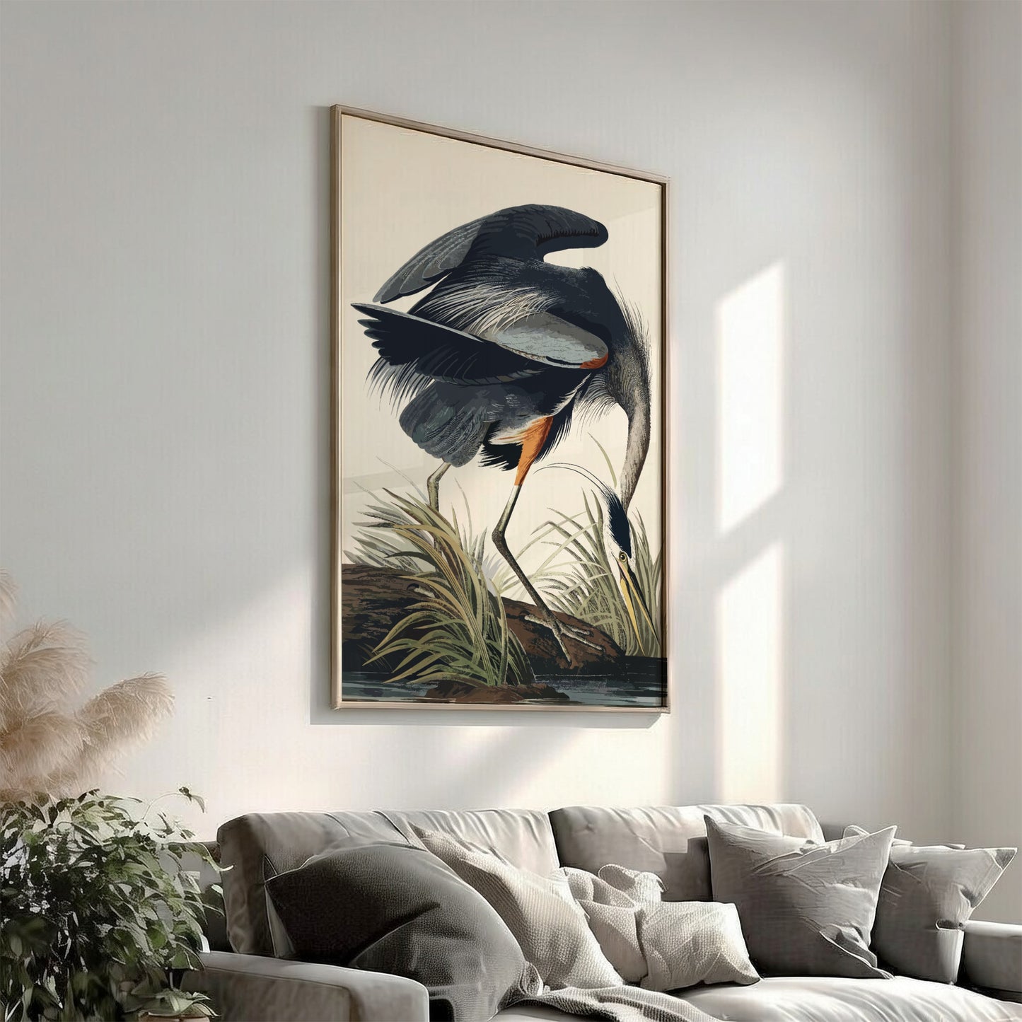 Great Blue Heron poster featuring detailed bird illustration in natural colors, perfect for nature art lovers.