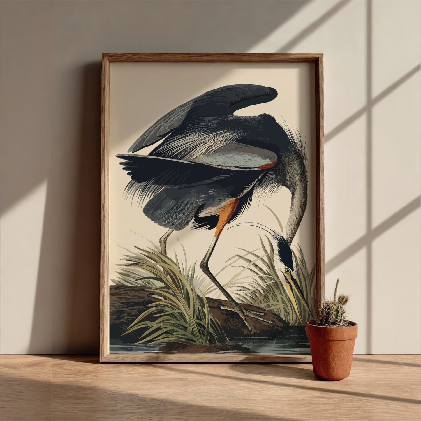 Great Blue Heron poster featuring detailed bird illustration in natural colors, perfect for nature art lovers.