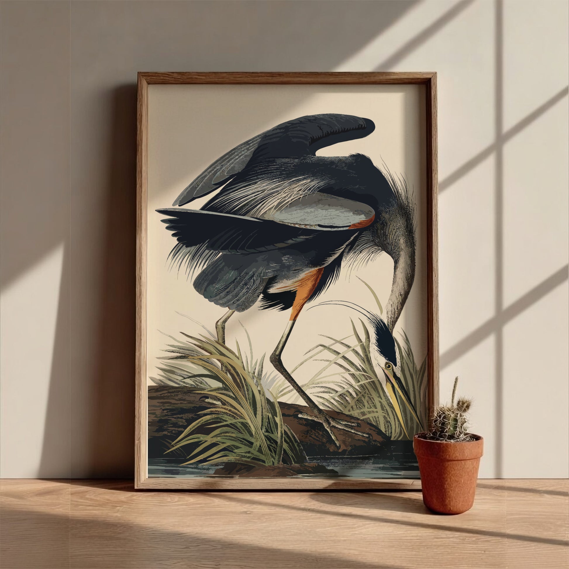 Great Blue Heron poster featuring detailed bird illustration in natural colors, perfect for nature art lovers.