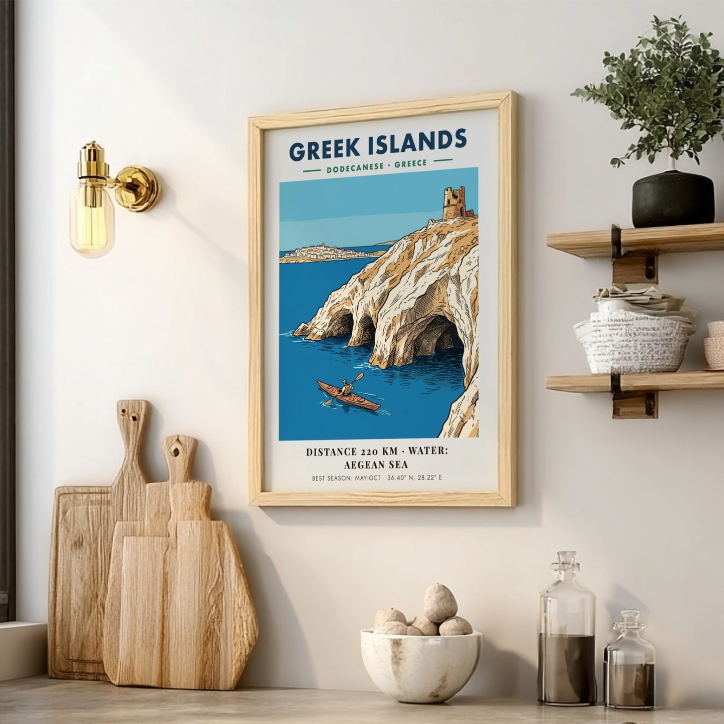 Poster of a kayaker in the Aegean Sea near Greek Islands limestone cliffs
