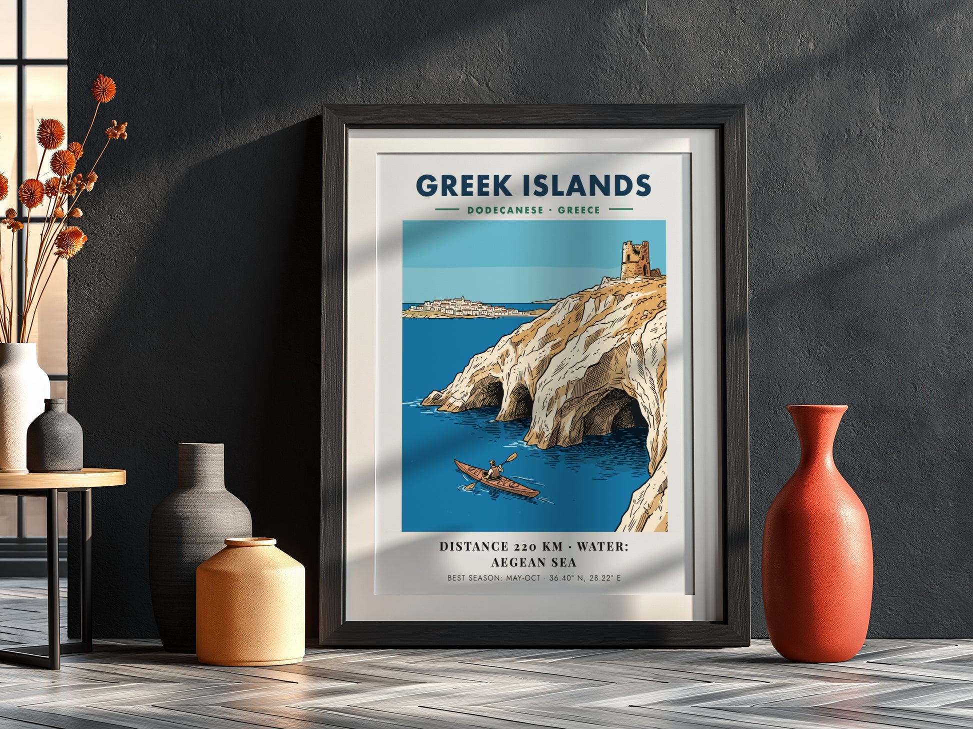Poster of a kayaker in the Aegean Sea near Greek Islands limestone cliffs