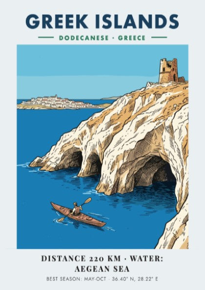 Poster of a kayaker in the Aegean Sea near Greek Islands limestone cliffs