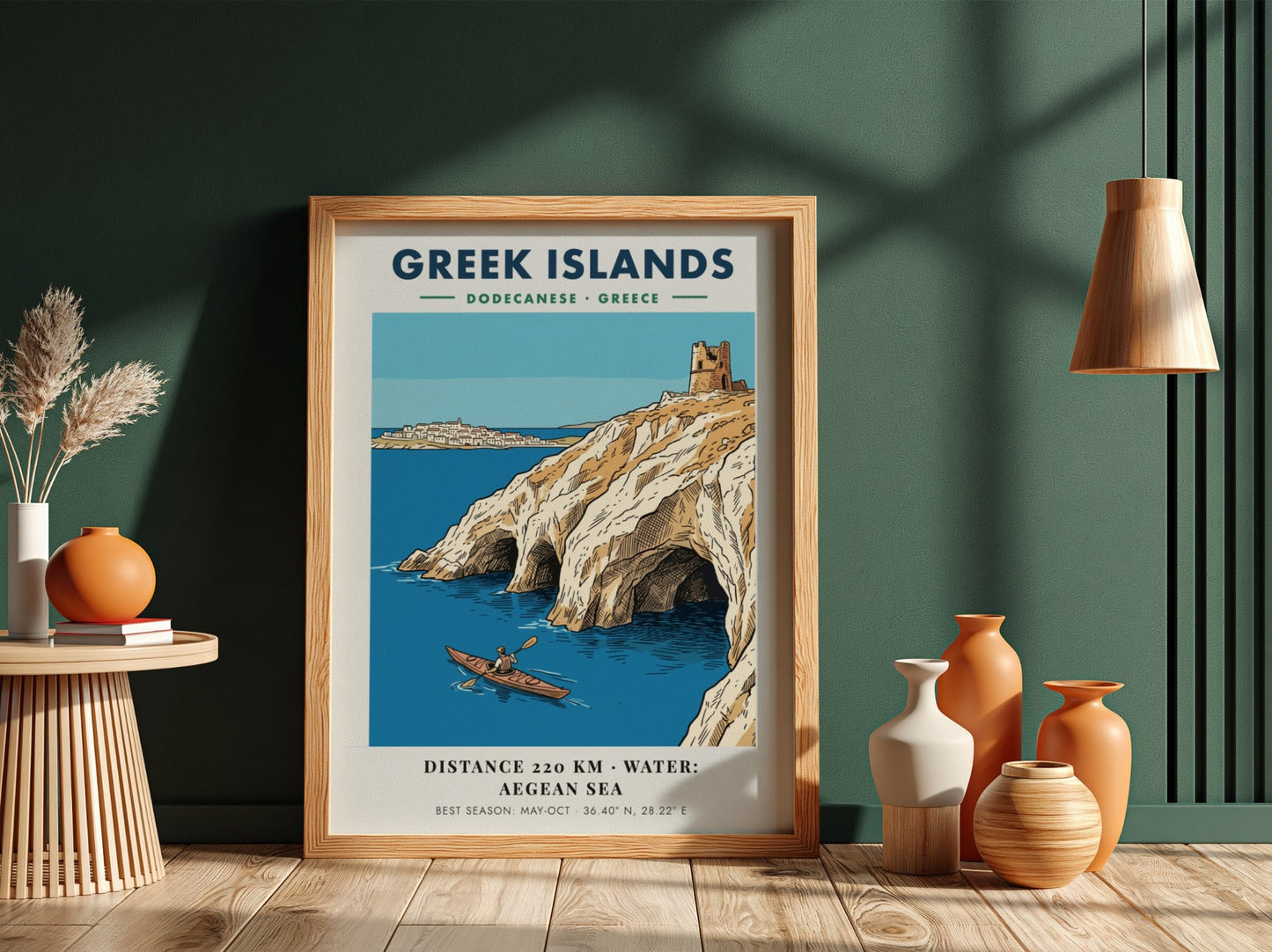 Poster of a kayaker in the Aegean Sea near Greek Islands limestone cliffs