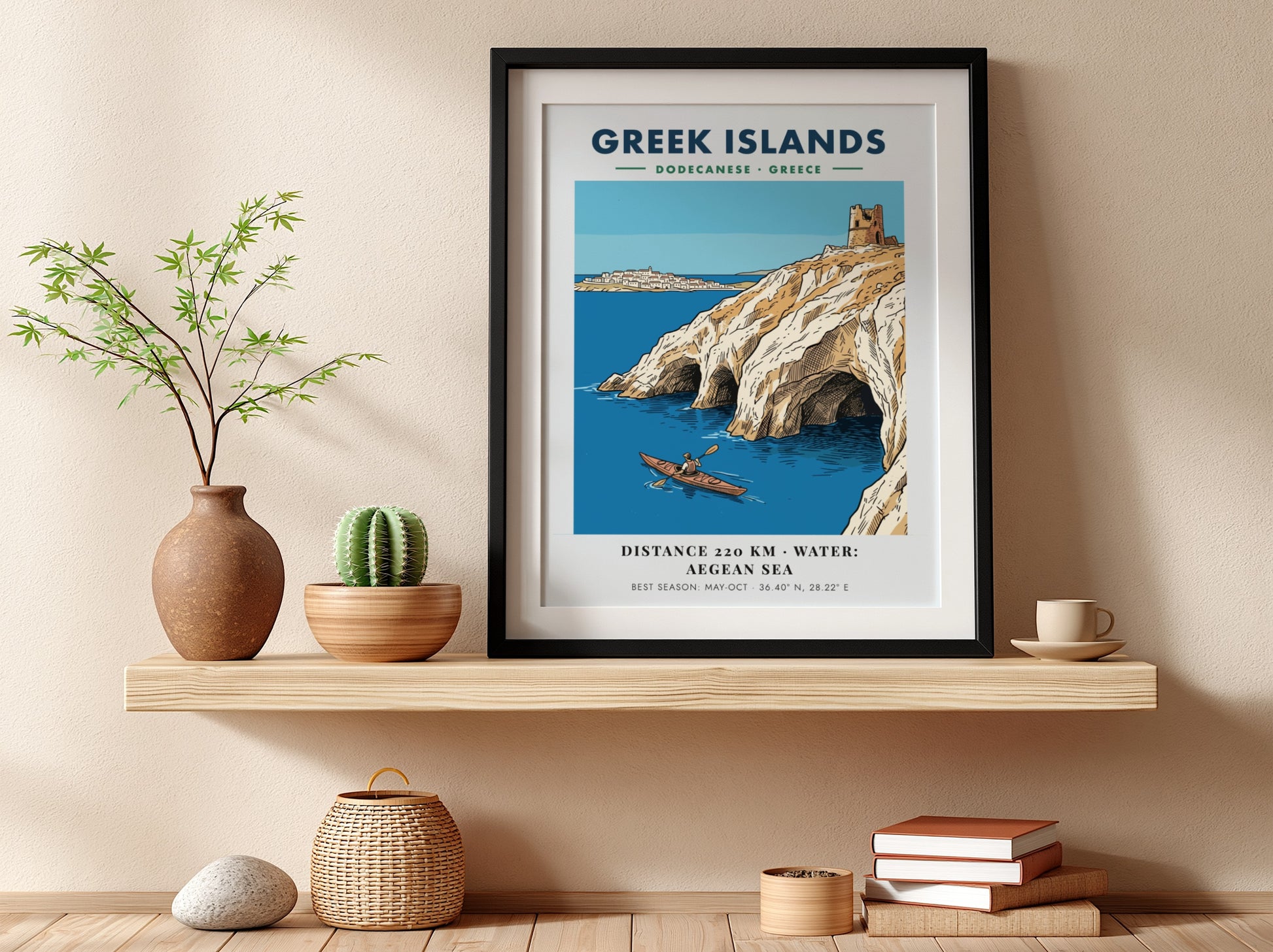 Poster of a kayaker in the Aegean Sea near Greek Islands limestone cliffs