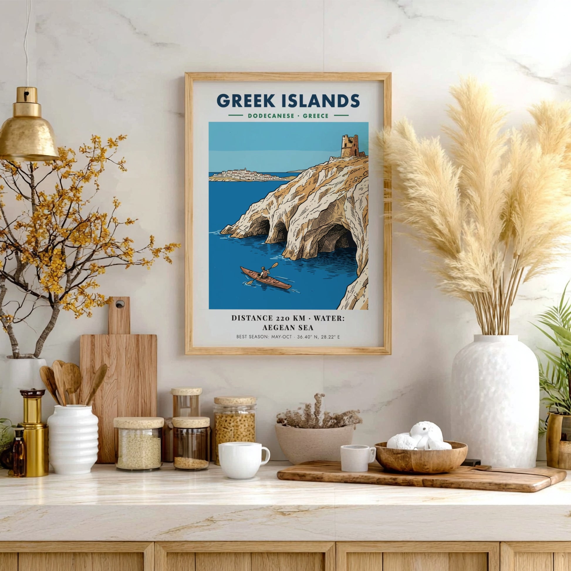 Poster of a kayaker in the Aegean Sea near Greek Islands limestone cliffs