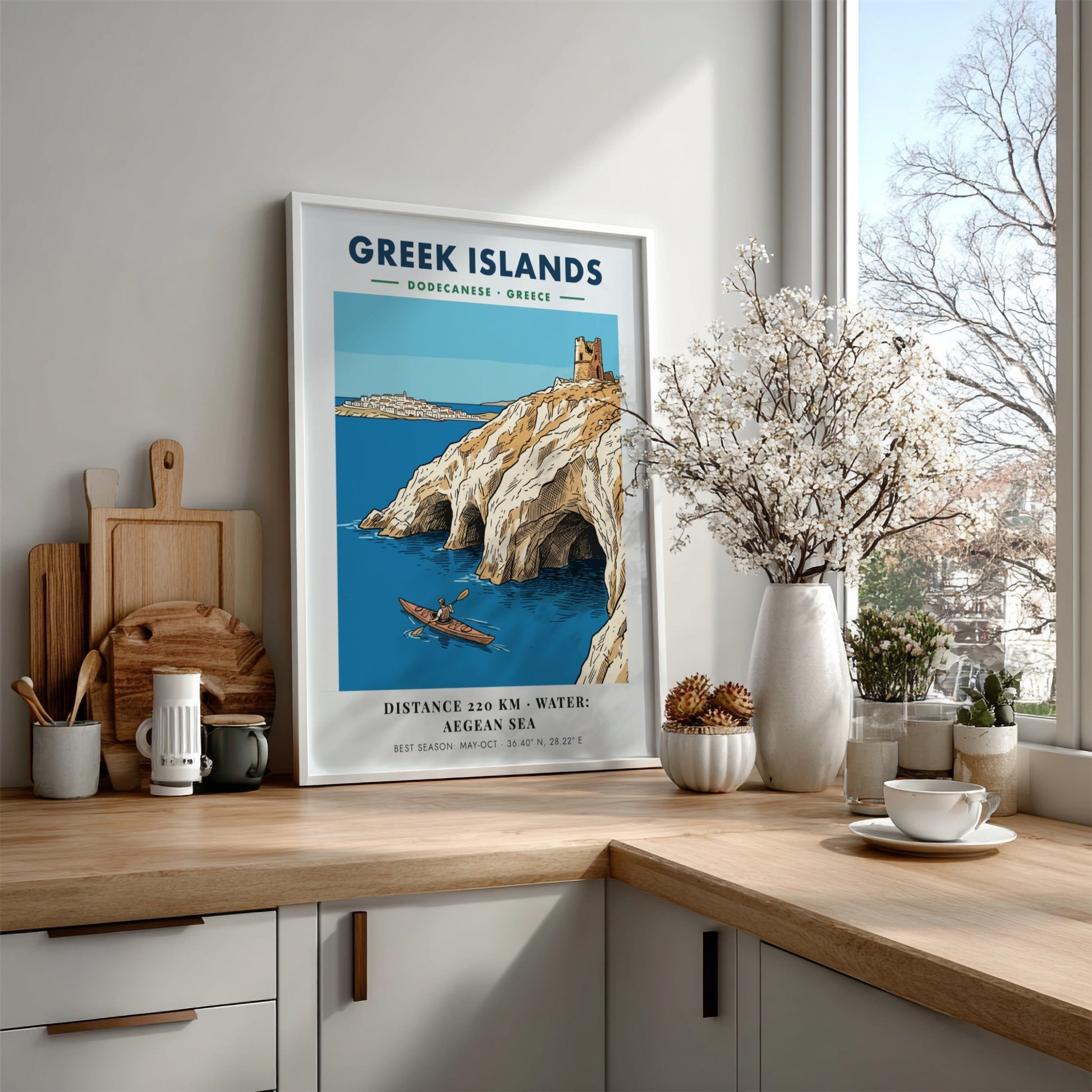 Poster of a kayaker in the Aegean Sea near Greek Islands limestone cliffs
