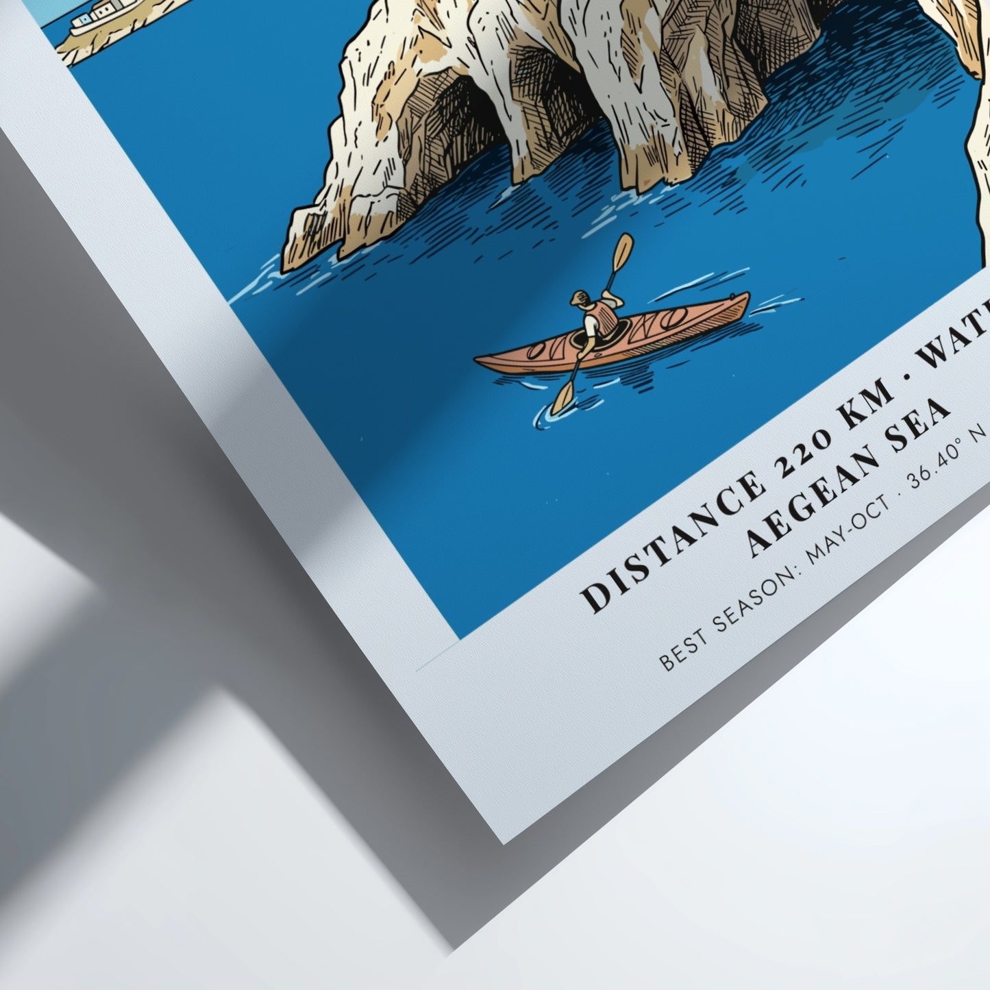 Poster of a kayaker in the Aegean Sea near Greek Islands limestone cliffs