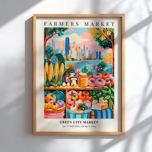Farmers market poster featuring colorful produce and Chicago skyline in a vibrant style