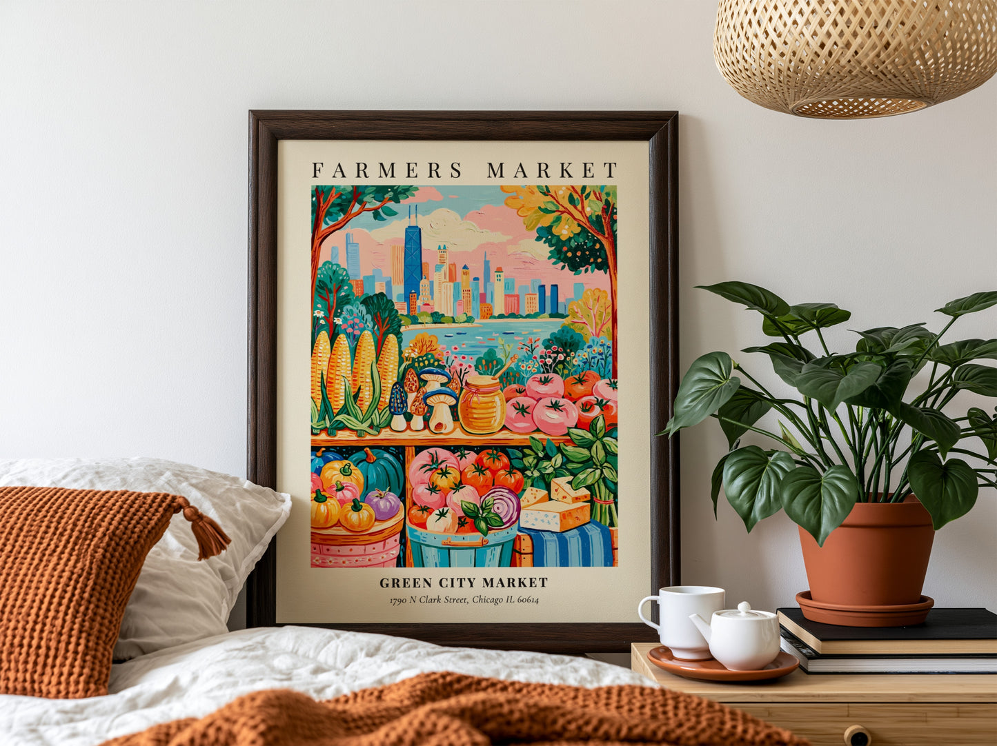 Farmers market poster featuring colorful produce and Chicago skyline in a vibrant style