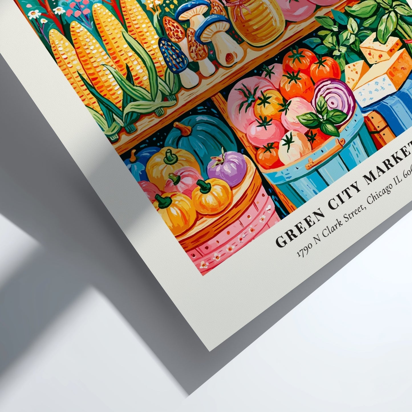 Farmers market poster featuring colorful produce and Chicago skyline in a vibrant style