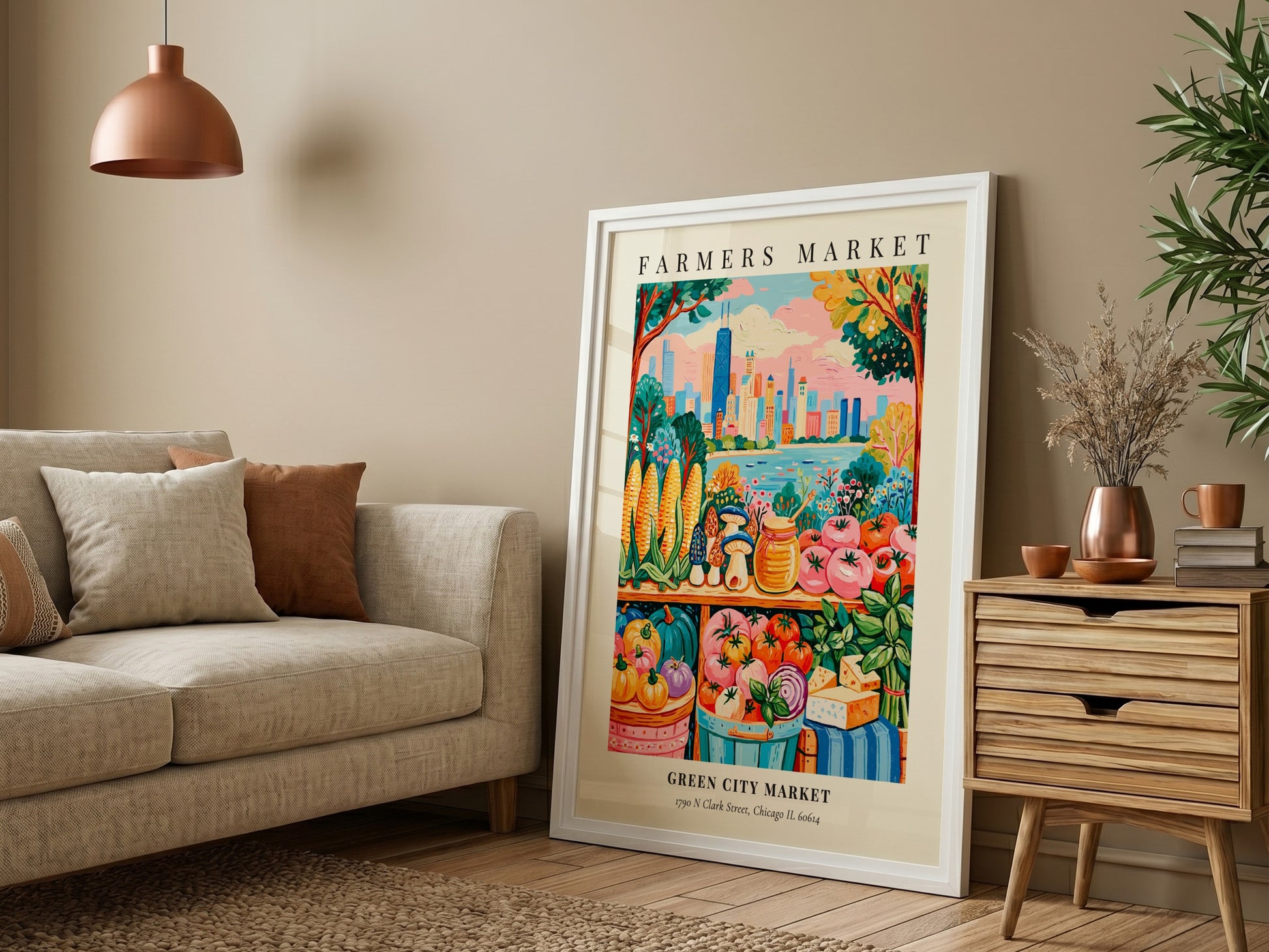Farmers market poster featuring colorful produce and Chicago skyline in a vibrant style