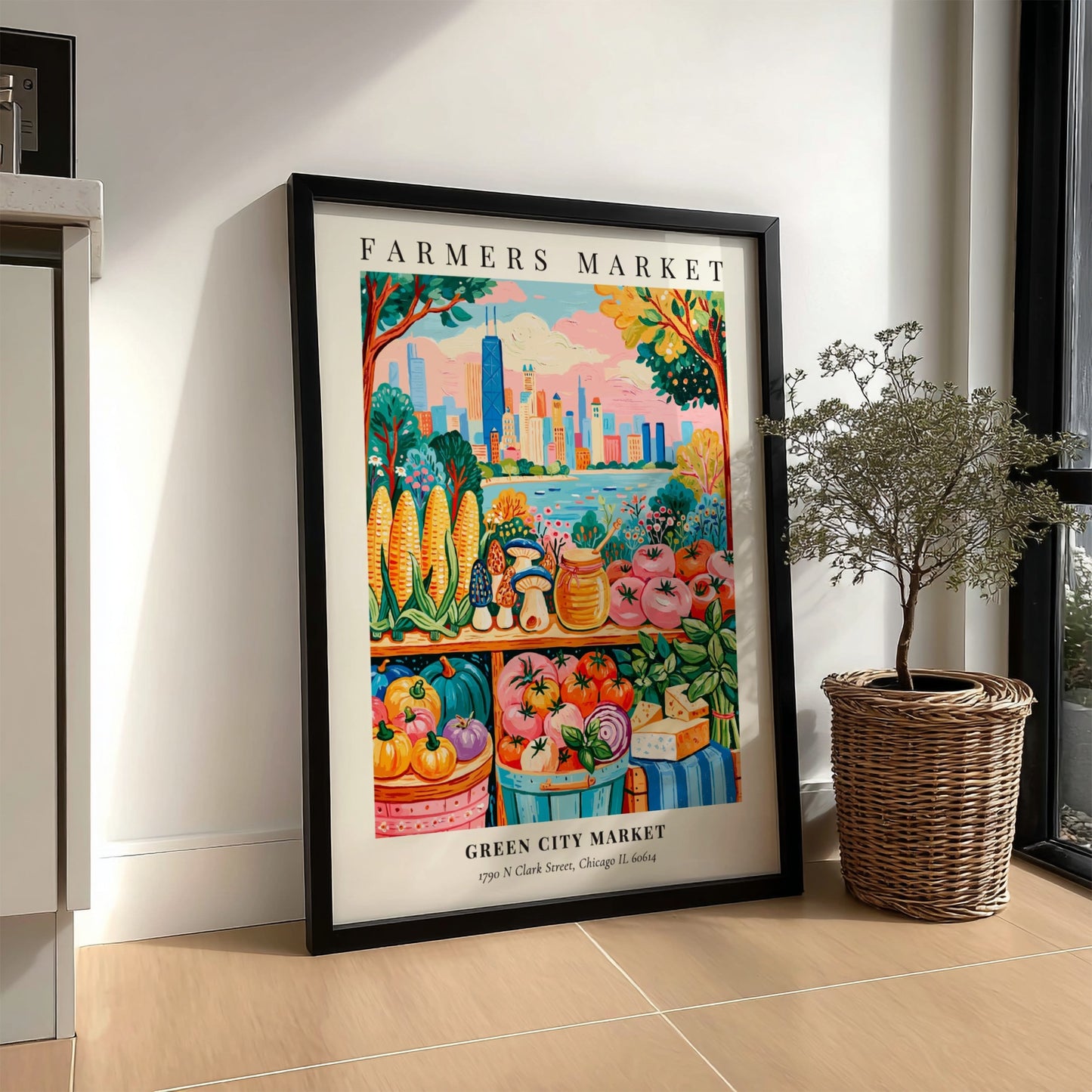 Farmers market poster featuring colorful produce and Chicago skyline in a vibrant style