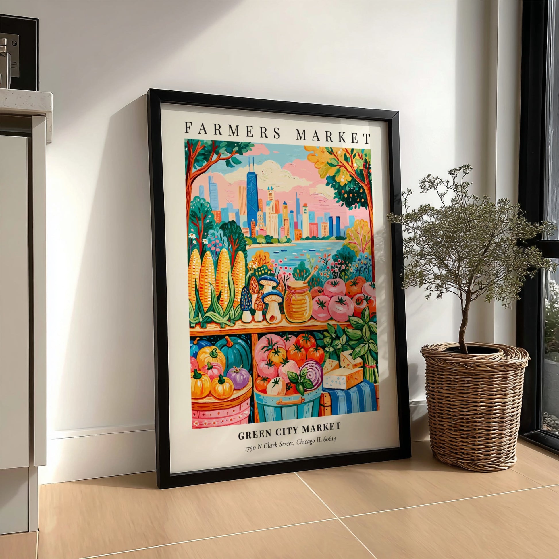 Farmers market poster featuring colorful produce and Chicago skyline in a vibrant style