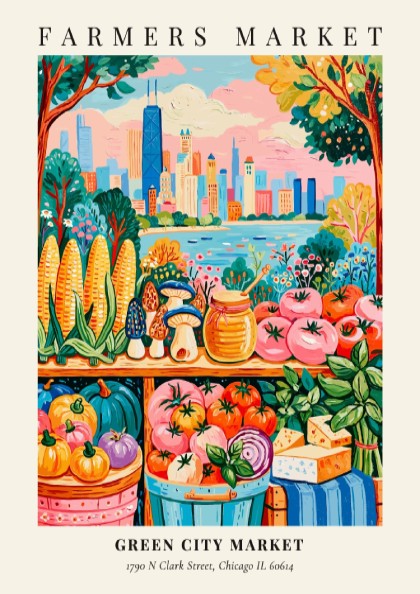 Farmers market poster featuring colorful produce and Chicago skyline in a vibrant style