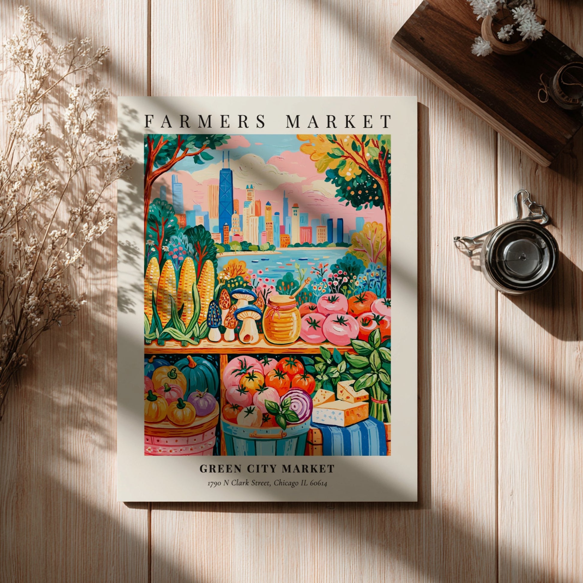 Farmers market poster featuring colorful produce and Chicago skyline in a vibrant style